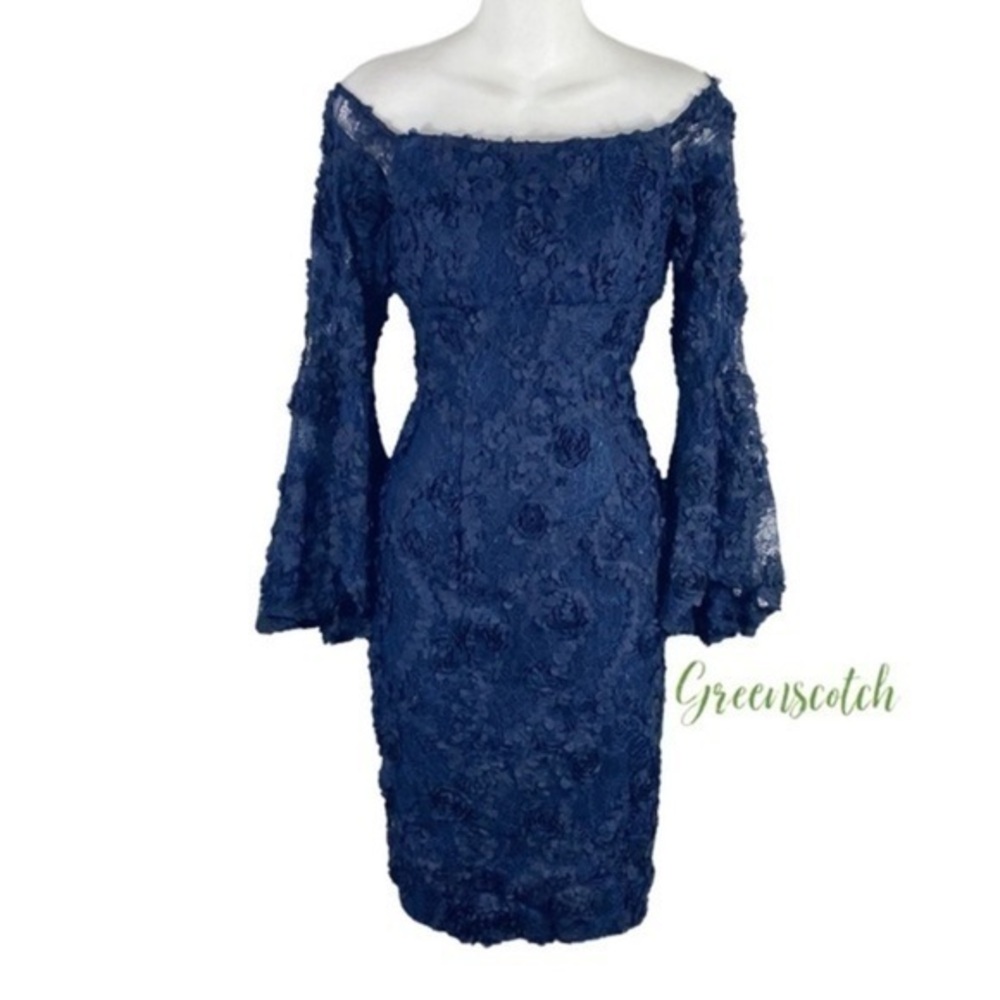 Xscape navy blue floral 3D off shoulder bell sleeve dress 4 T11